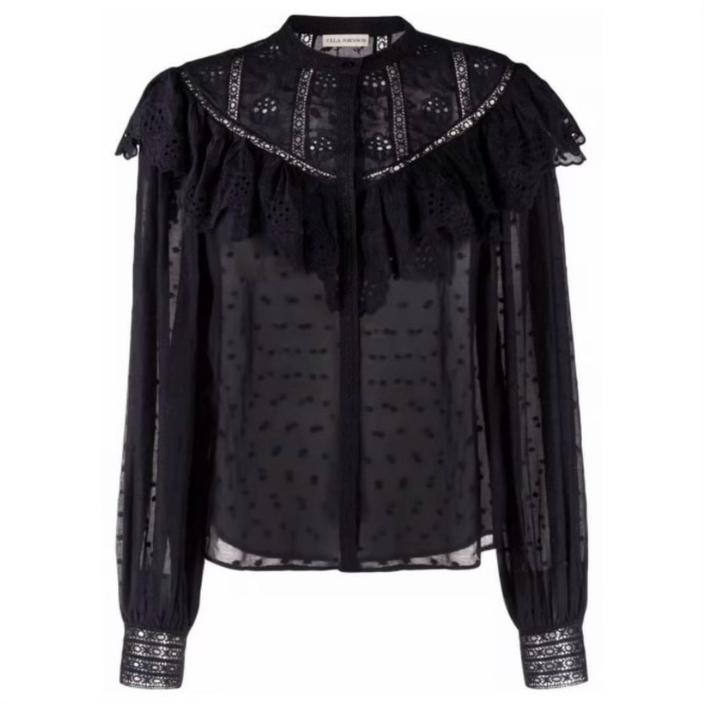 ULLA JOHNSON Sasha Blouse Black Embroidered Ruffle Lace Floral Top